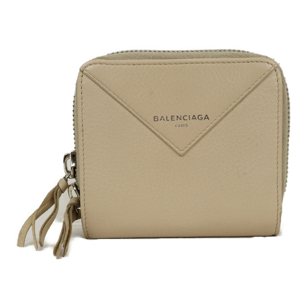 BALENCIAGA Round Zipper Bi fold Wallet Leather Ivory White